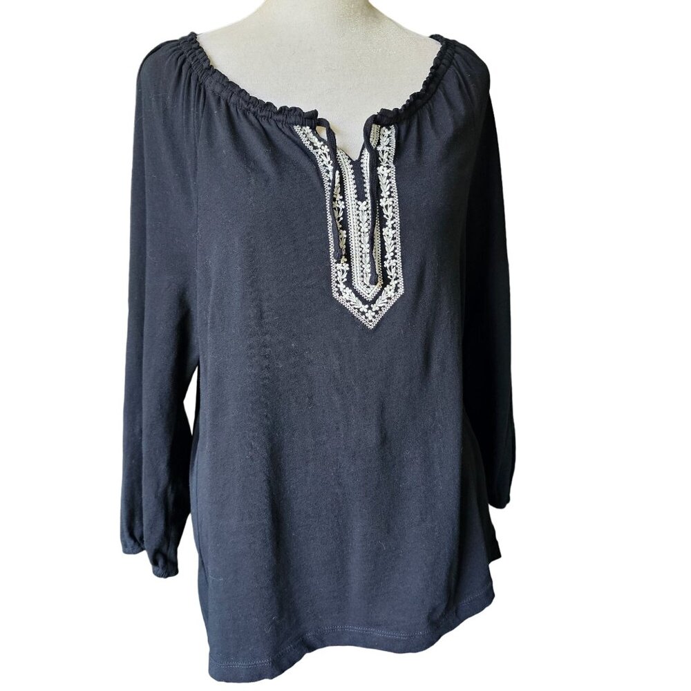 Chaps Women's Boho Tunic Top embroidery Cotton Black and White size XL